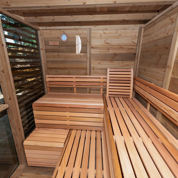 CU670P Outdoor Pure Cube Sauna with Porch - Clear Red Cedar