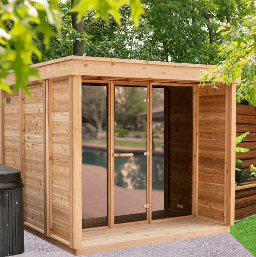 CU672P Outdoor Pure Cube Sauna with Porch - Knotty Red Cedar