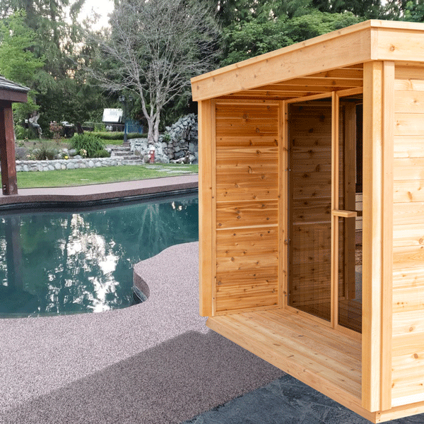 CU672P Outdoor Pure Cube Sauna with Porch - Knotty Red Cedar